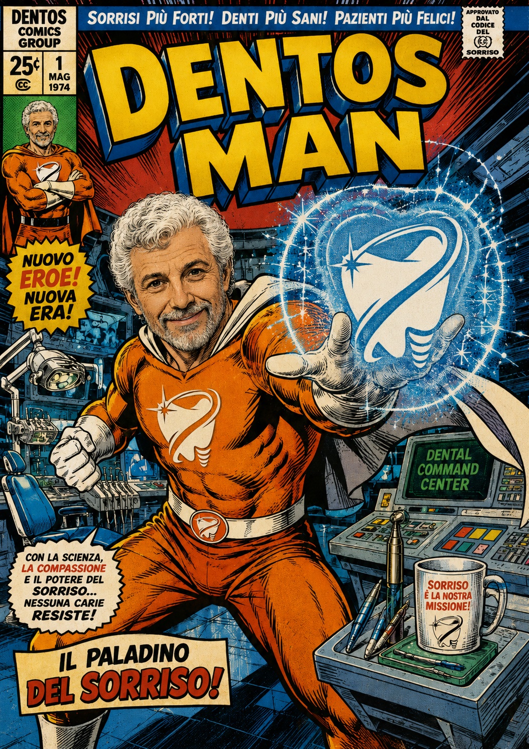 Comic-style illustration of DentOS Man, a smile superhero